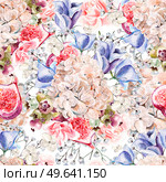 Beautiful watercolor pattern with hydrangea, rose, eustomiya, wildflowers and berries saskatoon. Illustrations.. Beautiful watercolor pattern with hydrangea, rose, eustomiya, wildflowers and berries saskatoon. . Стоковое фото, агентство Ingram Publishing / Фотобанк Лори