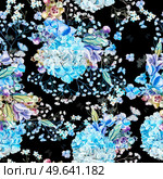 Beautiful watercolor pattern with eucalyptus branches and hydrangea flowers, eustomiya, wildflowers, saskatoon berries.  Illustrations.. Beautiful watercolor pattern with eucalyptus branches and hydrangea flowers, eustomiya, wildflowers, saskatoon berries. Стоковое фото, агентство Ingram Publishing / Фотобанк Лори