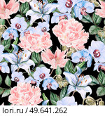 Watercolor pattern with peony flowers, lilies and orchids. Illustration. Watercolor pattern with peony flowers, lilies and orchids. Стоковое фото, агентство Ingram Publishing / Фотобанк Лори
