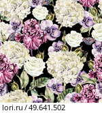 Bright watercolor seamless pattern with flowers roses, irises, anemones and hydrangea. Illustration. Bright watercolor seamless pattern with flowers roses, irises, anemones and hydrangea. . Стоковое фото, агентство Ingram Publishing / Фотобанк Лори