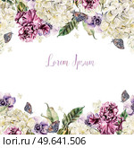 Beautiful watercolor card with anemon, iris and hydrangea flowers. Wedding card. Illustration. Beautiful watercolor card with anemon, iris and hydrangea flowers. Wedding card. . Стоковое фото, агентство Ingram Publishing / Фотобанк Лори