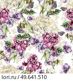 Bright watercolor seamless pattern with flowers roses, irises, anemones and hydrangea. Illustration. Bright watercolor seamless pattern with flowers iris, anemones and hydrangea. . Стоковое фото, агентство Ingram Publishing / Фотобанк Лори