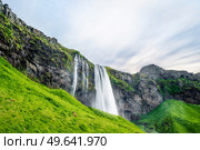 Seljalandsfoss waterfalls in Iceland with green hills and lava cliffs. Стоковое фото, агентство Ingram Publishing / Фотобанк Лори