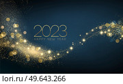 2023 Happy New year with Abstract shiny color gold swirl design element and glitter effect on dark background. Round frame For Calendar, poster design. 2023 New Year Abstract shiny color gold wave design element. Стоковая иллюстрация, агентство Ingram Publishing / Фотобанк Лори
