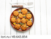 Vegetable balls. Delicious vegetable meatballs. Balls from beans, corn, cabbage, rice and sunflower seeds. Vegetarian food. Lean vegetable balls. Стоковое фото, агентство Ingram Publishing / Фотобанк Лори