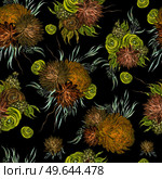Watercolor seamless pattern with autumn flowers chrysanthemums, ranunculus, berries and leaves. Illustration. Watercolor seamless pattern with autumn flowers chrysanthemums, ranunculus, berries and leaves. . Стоковое фото, агентство Ingram Publishing / Фотобанк Лори