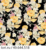 Watercolor seamless pattern with autumn flowers chrysanthemums, ranunculus, berries and leaves. Illustration. Watercolor seamless pattern with autumn flowers chrysanthemums, ranunculus, berries and leaves. Стоковое фото, агентство Ingram Publishing / Фотобанк Лори
