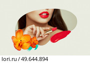 Lips painted red lipstick young beautiful woman in the form of a fashionable collage. Conceptual fashion art design in a modern style. Стоковое фото, агентство Ingram Publishing / Фотобанк Лори