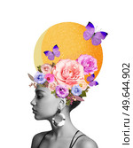 Abstract art collage of a young African woman with flowers on her head. Conceptual fashion art design in a modern style. Стоковое фото, агентство Ingram Publishing / Фотобанк Лори