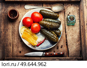 Tasty pickles on a plate. Pickled cucumbers, tomatoes and peppers. Rustic, top view. Cold appetizer, pickled vegetables. Стоковое фото, агентство Ingram Publishing / Фотобанк Лори