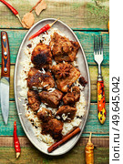 Vinegar marinated pork roast in Indian spices, vindaloo.. Pork vindaloo, a popular Indian dish. Стоковое фото, агентство Ingram Publishing / Фотобанк Лори