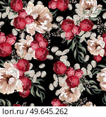 Elegant seamless pattern with peonies, roses and eucalyptus leaves. Illustration. Elegant seamless pattern with peonies, roses and eucalyptus leaves. . Стоковое фото, агентство Ingram Publishing / Фотобанк Лори