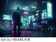City in virtual reality, one man walking cyberpunk city street in neon lights. City in virtual reality. Стоковое фото, агентство Ingram Publishing / Фотобанк Лори