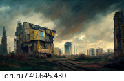 Destroyed in war post-apocalyptic city background. Destroyed city background. Стоковое фото, агентство Ingram Publishing / Фотобанк Лори