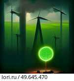 save the green planet concept with fresh geen leaf or tree on background of electric windmills. green planet concept. Стоковое фото, агентство Ingram Publishing / Фотобанк Лори