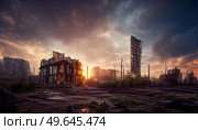 Destroyed in war post-apocalyptic city background with storm clouds and sunshine. Destroyed city background. Стоковое фото, агентство Ingram Publishing / Фотобанк Лори