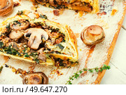 Baked closed mushroom pie. Sliced mushroom champignons pie on cutting board. Homemade savoury mushroom pie. Стоковое фото, агентство Ingram Publishing / Фотобанк Лори
