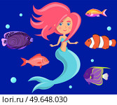 Mermaid with group of colored fish and swims in blue water. Cartoon nautical characters fingerling set. Sea dweller. Wild nature of mediterranean sea. Underwater life of creature, small fish and nixie. Mermaid with group of colored fish and swims in blue water. Cartoon nautical characters fingerling set. Стоковая иллюстрация, агентство Ingram Publishing / Фотобанк Лори