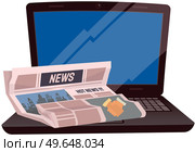 Paper publication with fresh news. Publishing article, newspaper about business, city life on background of laptop. Newspaper with hot news headline. Paper country affairs report vector illustration. Publishing article, newspaper about business, city life, country affairs on background of laptop. Стоковая иллюстрация, агентство Ingram Publishing / Фотобанк Лори