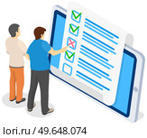Men are checking correctness of questionnaire. Online form survey on tablet screen. Male characters study answers in test to evaluate it. Colleagues look at and discuss answer sheet on tablet. Colleagues look at and discuss answer sheet on tablet. Men are checking correctness of questionnaire. Стоковая иллюстрация, агентство Ingram Publishing / Фотобанк Лори