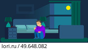 Man worried with insomnia or nightmare sits in bedroom. Person scared because of panic attack at night. Sleepless male character sitting and trembling due to fear. Emotions and body language concept. Man worried with insomnia or nightmare sits in bedroom. Sleepless guy sits and trembls due to fear. Стоковая иллюстрация, агентство Ingram Publishing / Фотобанк Лори