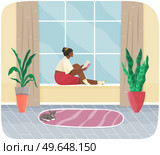 Young woman sitting on windowsill at home looking out window, relaxing reading book in evening. Female character rest in cozy interior. Spend time at home enjoy free time, dream, rest after work. Young woman sitting on windowsill at home looking out window, relaxing reading book, rest after work. Стоковая иллюстрация, агентство Ingram Publishing / Фотобанк Лори