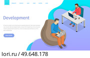 Software developing company team work together coding. Programmers writing code. Software developer office workplace desks. Team lead engineer teaching junior programmer indicates to him an error. Software developing company team work together coding. Programmers writing code sitting in office. Стоковая иллюстрация, агентство Ingram Publishing / Фотобанк Лори