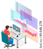 Man estimates statistical indicators on presentation with charts and graphs, marketing concept. Businessman seller watching sales statistics in laptop. The buyer analyzes price of goods on graph. Man estimates statistical indicators on presentation with charts and graphs, marketing concept. Стоковая иллюстрация, агентство Ingram Publishing / Фотобанк Лори