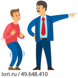 Angry boss shouting to employee. Conflict in office between chief and worker, stressed subordinate. Director scolds scared worker because of mistake, problems at work, fires, kicks him out of work. Angry boss shouting to employee. Conflict in office between chief and worker, stressed subordinate. Стоковая иллюстрация, агентство Ingram Publishing / Фотобанк Лори
