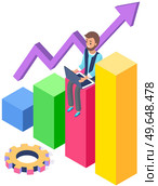 Man surfing internet, designs and creates application for smartphone. Development of new functions for phones. Businessman with computer, gear and success graph analyzes growth of statistics. Man surfs internet, designs and creates app. Businessman with computer analyzes growth of statistics. Стоковая иллюстрация, агентство Ingram Publishing / Фотобанк Лори