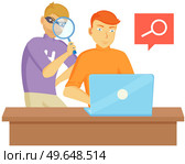 Intruder looking through magnifying glass. Cunning guy holding loupe, looking for something in laptop, planned something amiss. Young man standing holding magnifier, looking for something and watching. Intruder looking through magnifying glass. Cunning guy holding loupe looking for something in laptop. Стоковая иллюстрация, агентство Ingram Publishing / Фотобанк Лори