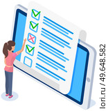 Online form survey on tablet screen. Woman checks blank. Girl thinking about answers. Femail character looks at quiz exam paper document. Businesswoman is checking correctness of questionnaire form. Online form survey on tablet screen. Woman checks blank. Girl thinking about answers in list. Стоковая иллюстрация, агентство Ingram Publishing / Фотобанк Лори