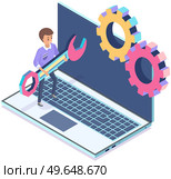 Operating system maintenance for web design. Adjusting app, setting options, repair, fixing. Man with wrench working with settigns program on laptop. Settigns, computer customization development. Man with wrench working with settigns program on laptop. Operating system maintenance concept. Стоковая иллюстрация, агентство Ingram Publishing / Фотобанк Лори