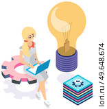 Operating system maintenance for web design. Adjusting app, setting options, repair, fixing. Woman with laptop working with settigns program. Phone customization application development with computer. Phone customization application development with computer. Adjusting app, setting options. Стоковая иллюстрация, агентство Ingram Publishing / Фотобанк Лори