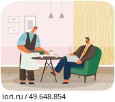 City coffee shop interior with people, visitor. Cute waitress takes an order from man at table. Male waiter gives customer cup of coffee. Businessman sitting in restaurant at table reading newspaper. City coffee shop interior with people, visitor. Male waiter takes an order from young man at table. Стоковая иллюстрация, агентство Ingram Publishing / Фотобанк Лори