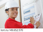 a happy woman checking fuseboard. Стоковое фото, агентство Ingram Publishing / Фотобанк Лори