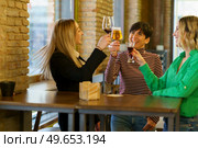 Optimistic women in casual clothes clinking glasses of alcohol drinks and proposing toast while standing near table and window on weekend day in pub. Glad girlfriends clinking glasses near bar window. Стоковое фото, агентство Ingram Publishing / Фотобанк Лори