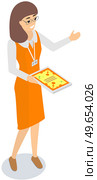 Girl distributes leaflets, flyers on white background. Leafleting, advertising campaign. Work in advertising company, promotion. Female promoter is sharing leaflet fliers with advertisement. Work in advertising company, promotion, distribution. Female promoter distributes leaflets, flyers. Стоковая иллюстрация, агентство Ingram Publishing / Фотобанк Лори