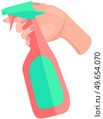 Cleaning spray bottle icon flat vector. Plastic bottle of antiseptic spray. Spraying anti-bacterial sanitizer for cleaning, Premises cleaning, infection control concept. Home and personal hygiene. Spraying anti-bacterial sanitizer, spray cleaner bottle in human hand. Home and personal hygiene. Стоковая иллюстрация, агентство Ingram Publishing / Фотобанк Лори