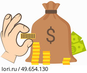 Human hand with coin near bank bag with stack of dollars. Money donation, charity, investment. Profit, income, salary increase. Hand holding gold dollar penny. Person with gold cent between fingers. Human hand with coin near bank bag with stack of dollars. Money donation, charity, investment. Стоковая иллюстрация, агентство Ingram Publishing / Фотобанк Лори