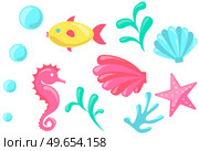 Colored fish, seashell, bubbles, corals, algae, starfish and sea horse on white background. Cartoon nautical characters live in ocean. Marine inhabitants and underwater life water animals and plants. Colored fish, seashell, bubbles, corals, algae, starfish and sea horse on white background. Стоковая иллюстрация, агентство Ingram Publishing / Фотобанк Лори