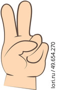 Hand gesture like letter V, symbolizing Peace. Friendly gesture in form of two fingers raised up shows number two on fingers. Victory hand with index and middle fingers up isolated vector on white. Hand gesture like letter V symbolizing Peace. Gesture in form of two fingers raised up. Victory hand. Стоковая иллюстрация, агентство Ingram Publishing / Фотобанк Лори