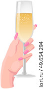 Woman hand holding champagne glass isolated on white background. Sparkling wine, light alcoholic drink for holiday celebration. Female hand with alcohol, champagne, carbonated beverage in glass. Sparkling wine, light alcoholic drink for holiday celebration. Female hand with champagne. Стоковая иллюстрация, агентство Ingram Publishing / Фотобанк Лори
