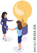 Female characters develop creative business idea. People communicate and stand near big light bulb as idea of new project or company. Business women examine new invention and come up with startup. Female characters develop creative business idea. People communicate and stand near big light bulb. Стоковая иллюстрация, агентство Ingram Publishing / Фотобанк Лори