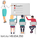 Businesswoman teacher giving employee people lecture or presentation at board room. Conference hall, flipchart, business dicussion. Female boss showing and explaining to her colleagues plan diagram. Businesswoman teacher giving employee people business lecture or presentation at conference hall. Стоковая иллюстрация, агентство Ingram Publishing / Фотобанк Лори