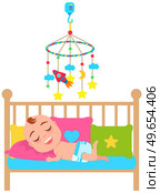 Baby lies in the crib and sleeps. Carousel with toys and music for child falling asleep over cradle. Baby falls asleep to lullaby in his bed. Baby cot, piece of furniture for kid with toys and music. Baby lies in the crib and sleeps. Carousel with toys and music for child falling asleep over cradle. Стоковая иллюстрация, агентство Ingram Publishing / Фотобанк Лори