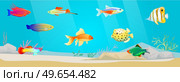Underwater ocean fauna with exotic fishes. Ocean bottom with marine life reprsentatives. Marine underwater world with school of tropical fish. Seascape, undersea landscape vector illustration. Underwater ocean world with exotic fishes. Ocean bottom with marine life, school of tropical fish. Стоковая иллюстрация, агентство Ingram Publishing / Фотобанк Лори
