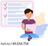 Man sitting with laptop near big paper clipboard with check marks, to do list. Successful time management, schedule planning. Male character with checklist, task planner program on computer. Male character with checklist, task planner program on computer. Man sits with laptop near clipboard. Стоковая иллюстрация, агентство Ingram Publishing / Фотобанк Лори