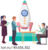 People prepare rocket for launch. Colleagues launching project startup. Creation of new creative idea, startup with rocket launch. Businesspeople work with development of successful strategy. Creation of new startup with rocket launch. People work with development of successful strategy. Стоковая иллюстрация, агентство Ingram Publishing / Фотобанк Лори