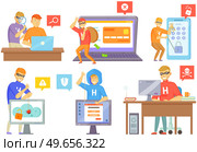 Hacker attack. Hacker breaks into computer. Cyber attacker cracker trying to hack laptop password, masked man sitting at table. Breaking login, pin code, cracking screen lock, cartoon vector set. Hacker attack. Hacker breaks into computer. Cyber attacker cracker trying to hack laptop password. Стоковая иллюстрация, агентство Ingram Publishing / Фотобанк Лори